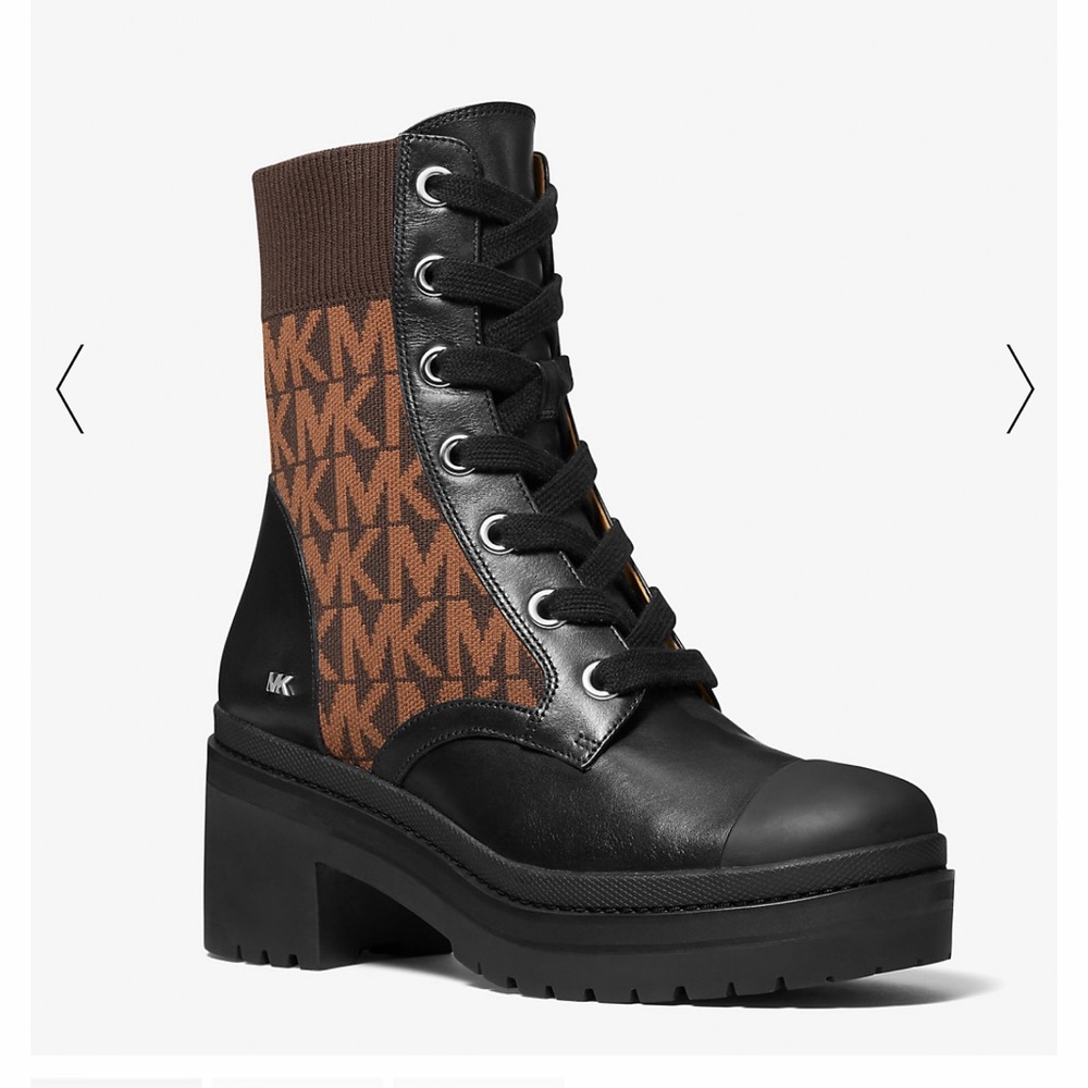 Michael Kors Brea Leather and Logo Jacquard Combat Boot ✨brand new✨